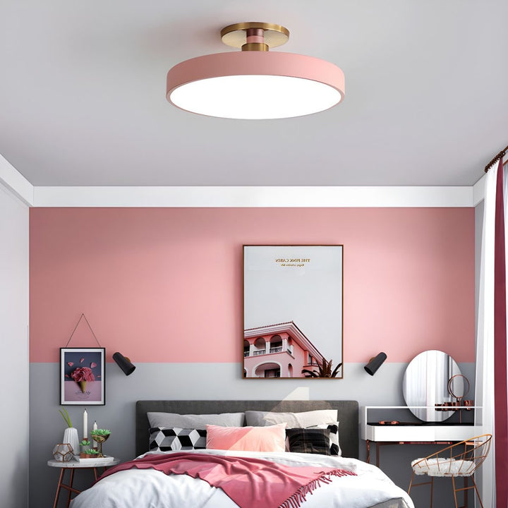 Elegant round LED ceiling fixture, flush mount for bedrooms or hallways.