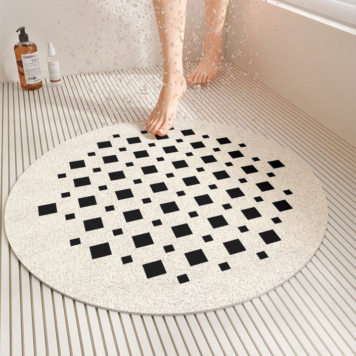 Geometric patterned round shower mat, quick-dry and non-slip for enhanced bathroom safety and modern decor.