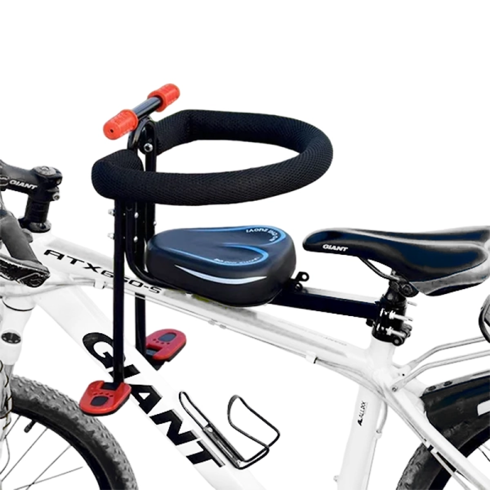 Front-mounted kids bike seat ensuring child safety & fun on your next outdoor adventure with an adult.