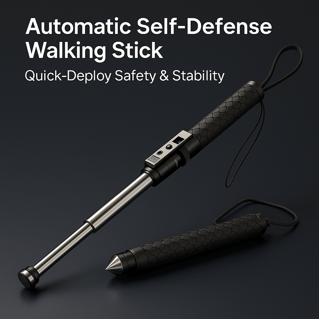 SafeWalk Automatic Defense Cane: Alloy steel, adjustable security aid with balance support for mobility and self-defense.