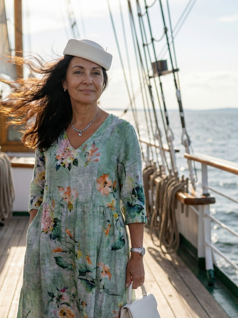 Women's sage green floral midi dress, long sleeve V-neck, relaxed fit, comfortable for any casual occasion.