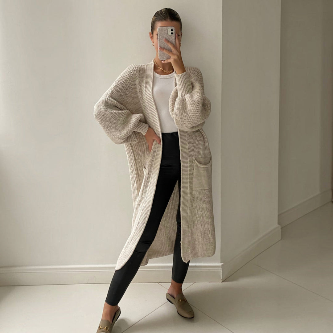 Sand longline women's cardigan, soft knit, perfect for everyday layering and comfortable wear.