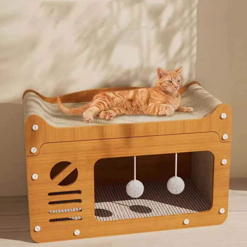 ScratchHouse luxury multi-level cat scratcher house with sisal posts for scratching and play.