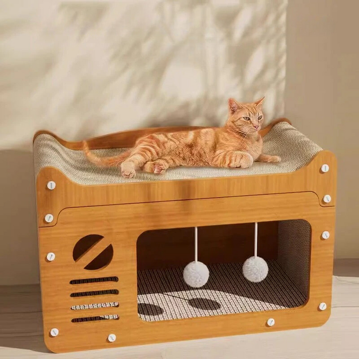 ScratchHouse luxury multi-level cat scratcher house with sisal posts for scratching and play.