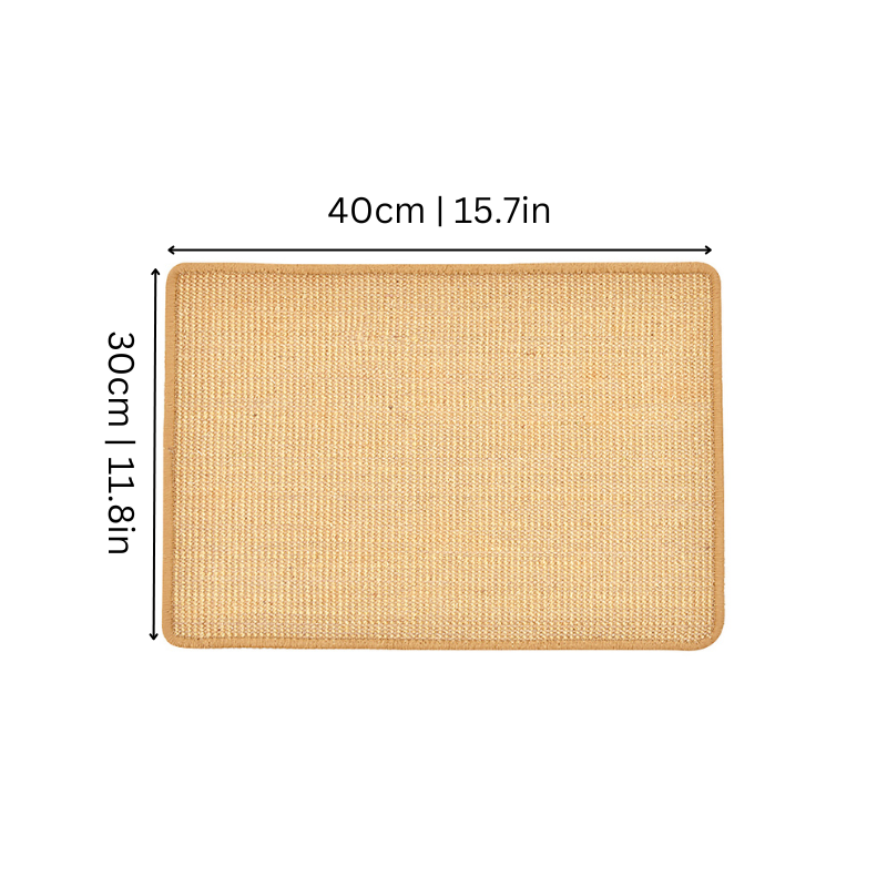 Brown woven Scratchify cat scratch mat laid flat on a wooden floor