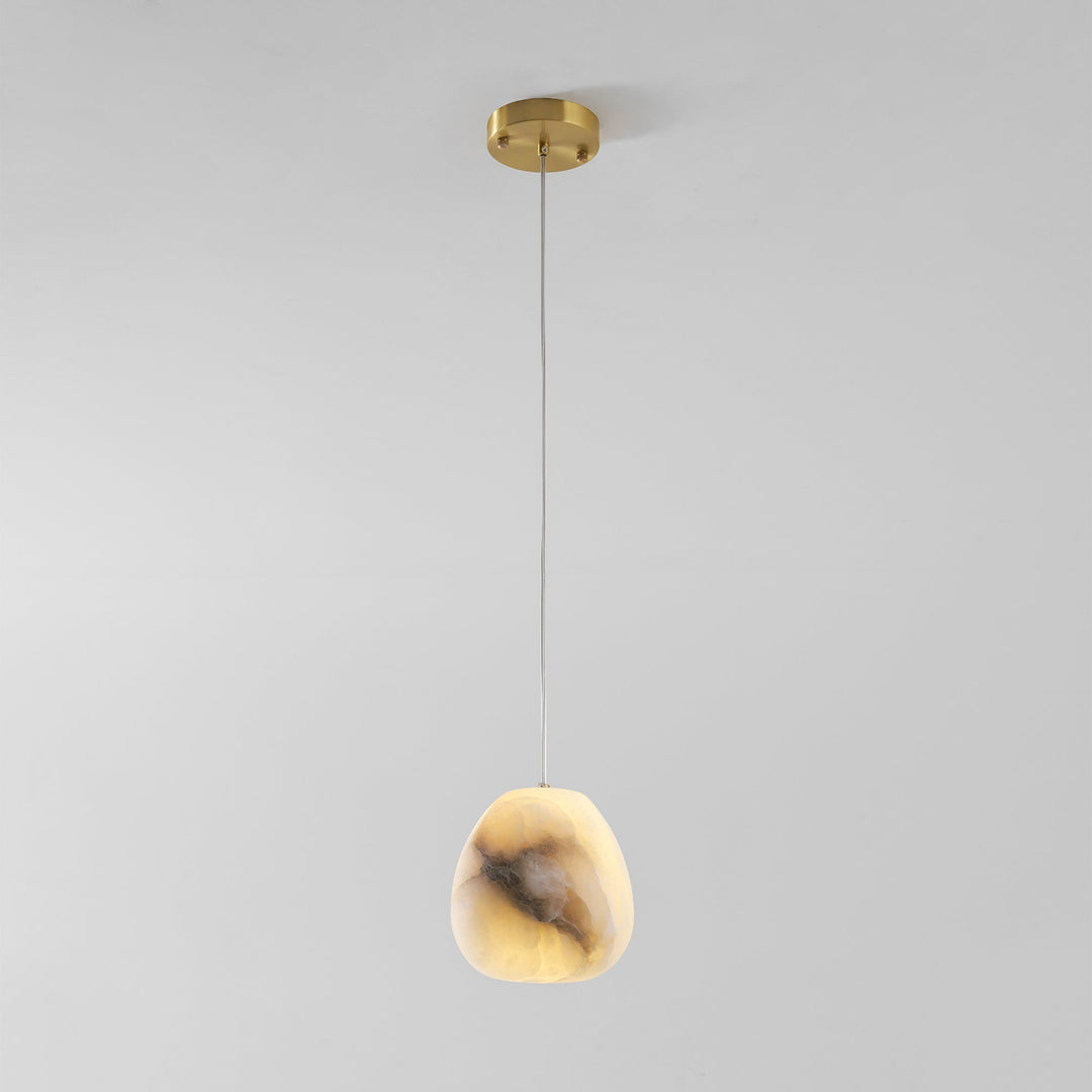 Modern decorative lighting: sculptural pebble pendant, brass finish, a chic ceiling lamp.
