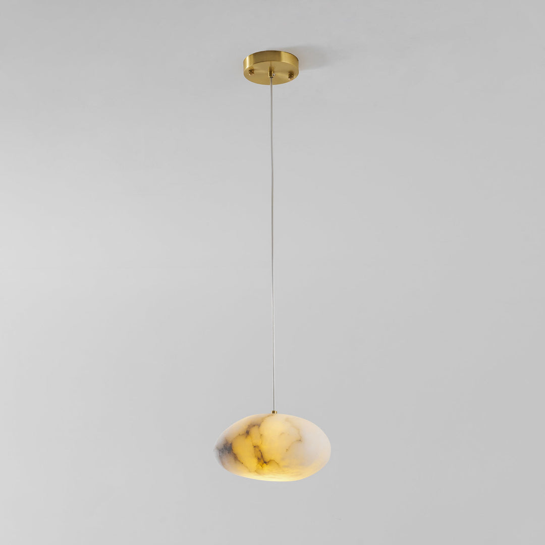 Classic Japandi pendant light, brass finish, sculptural pebble, brings serenity and style.