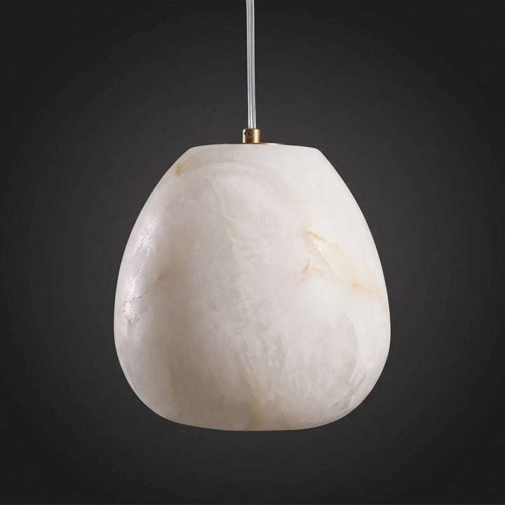 Unique sculptural pendant light, brass, pebble shape, modern Japandi home decor.