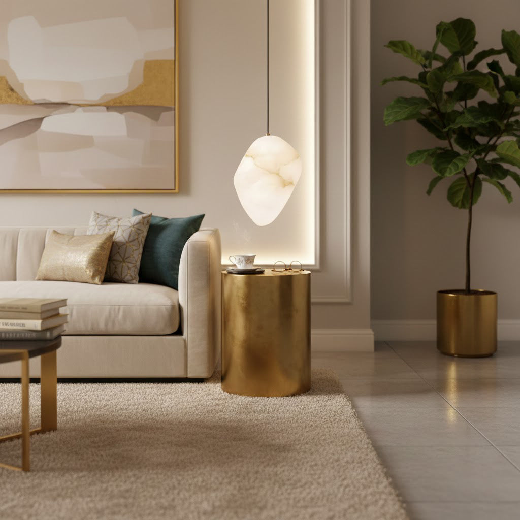 Brass finish sculptural pendant light, pebble shape, perfect for modern decorative lighting.