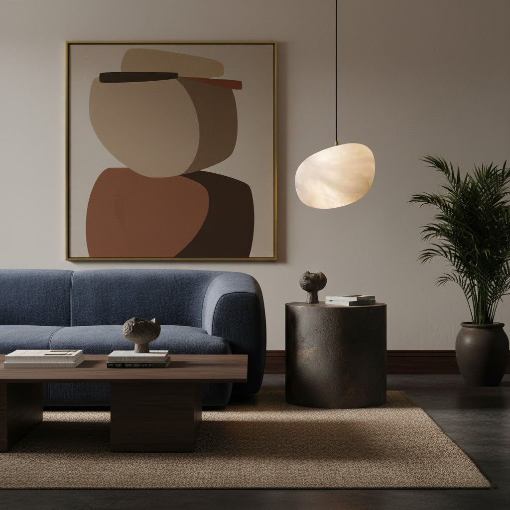 Serene spaces pendant light, pebble design, brass finish, a classic Japandi style ceiling lamp.