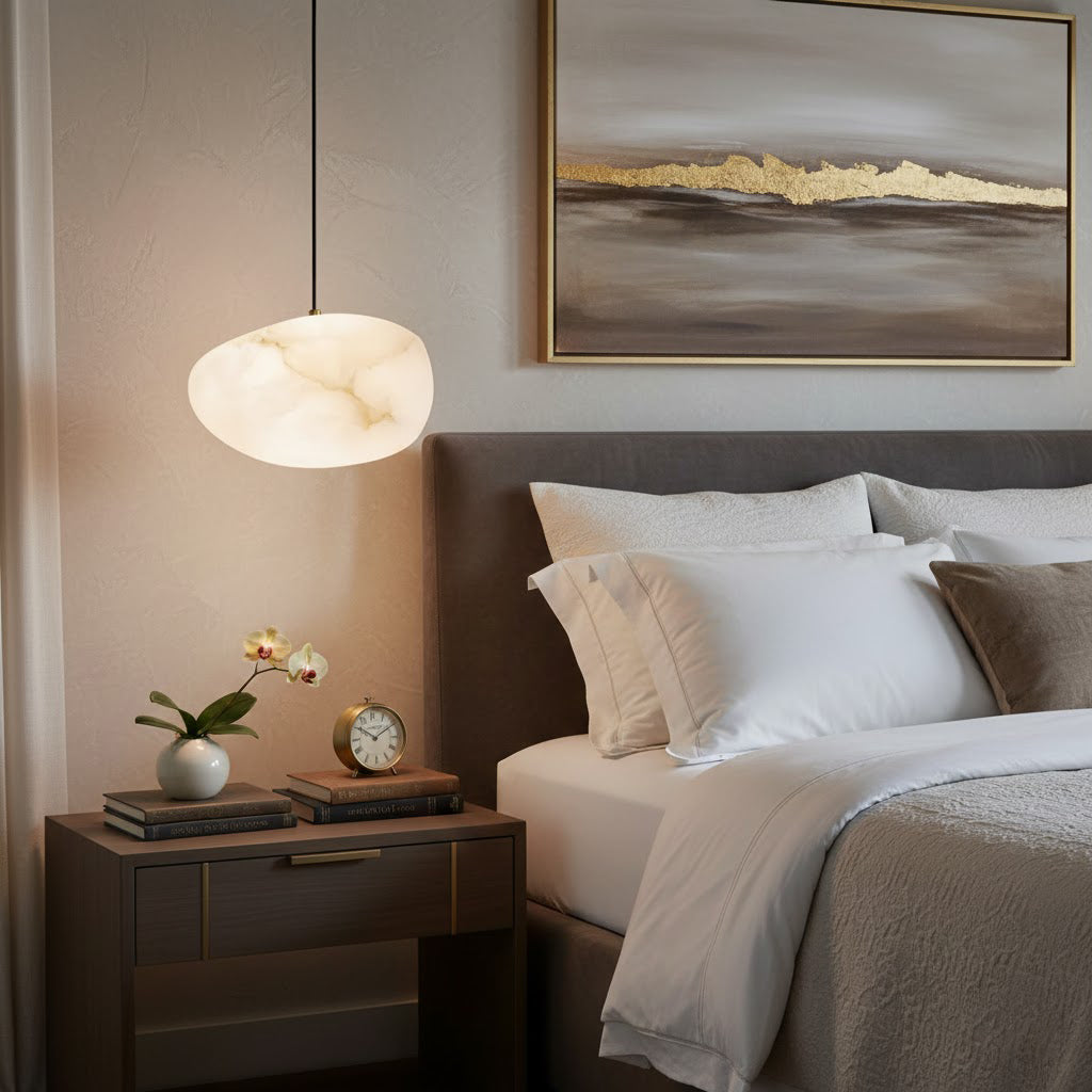 Ambient lighting: a brass sculptural pebble pendant light, modern and decorative for home decor.
