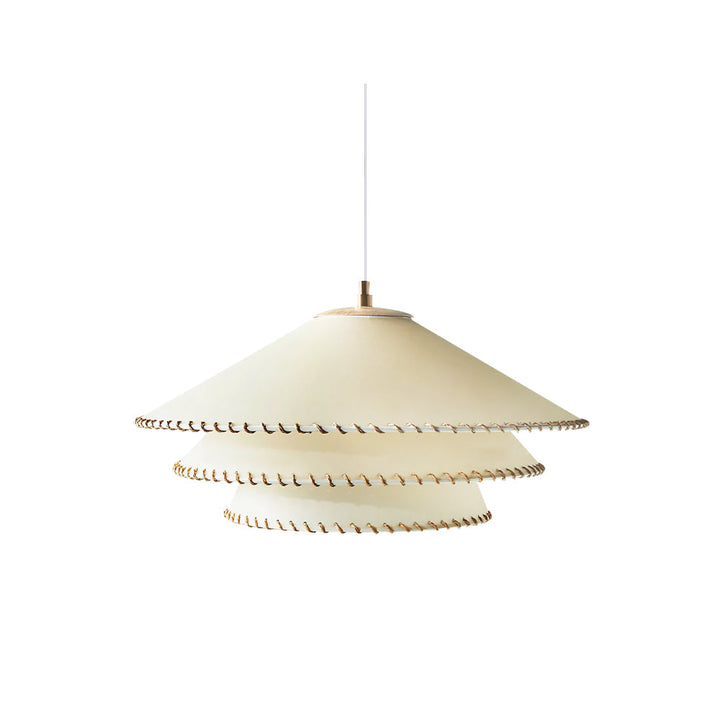 Sculptural tiered pendant light, warm neutral beige, modern bohemian ceiling lamp for ambient glow.