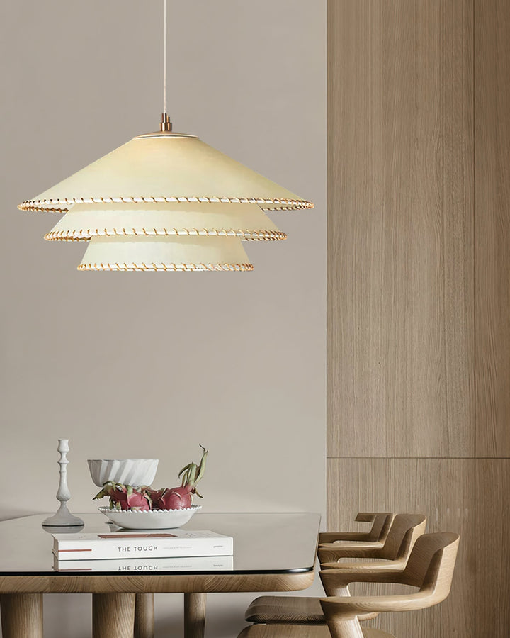 Ceiling lamp, bohemian tiered sculptural, beige, ambient lighting, modern home.