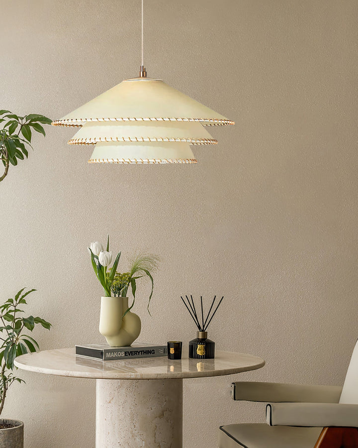 Bedroom pendant lamp, tiered sculptural, beige, modern bohemian ambient glow.