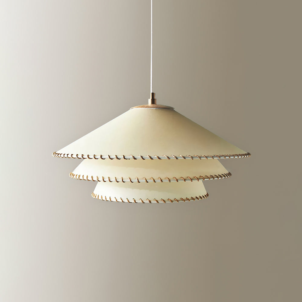 Entryway pendant lamp, tiered sculptural design, beige, inviting ambient light.