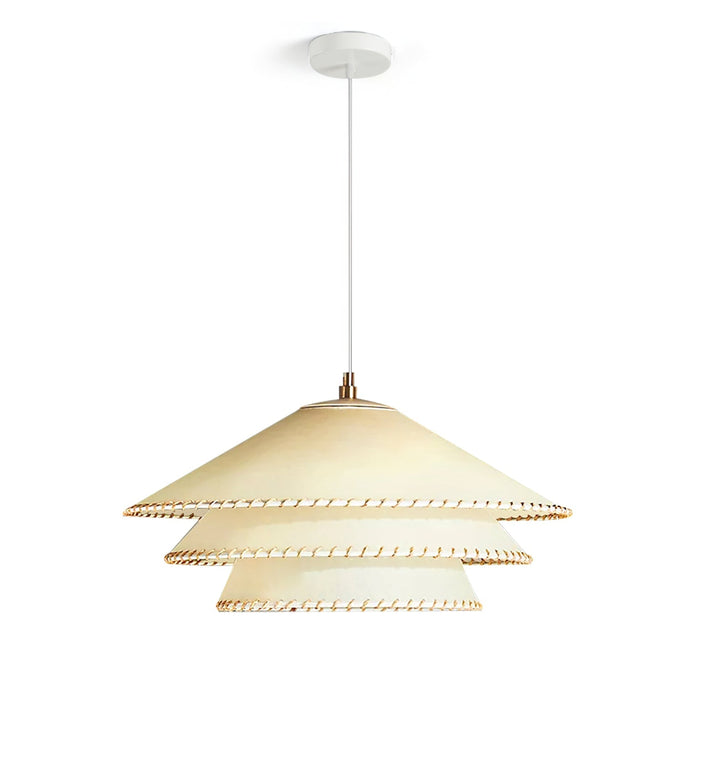 Ambient lighting pendant, tiered sculptural design, warm neutrals, modern bohemian.
