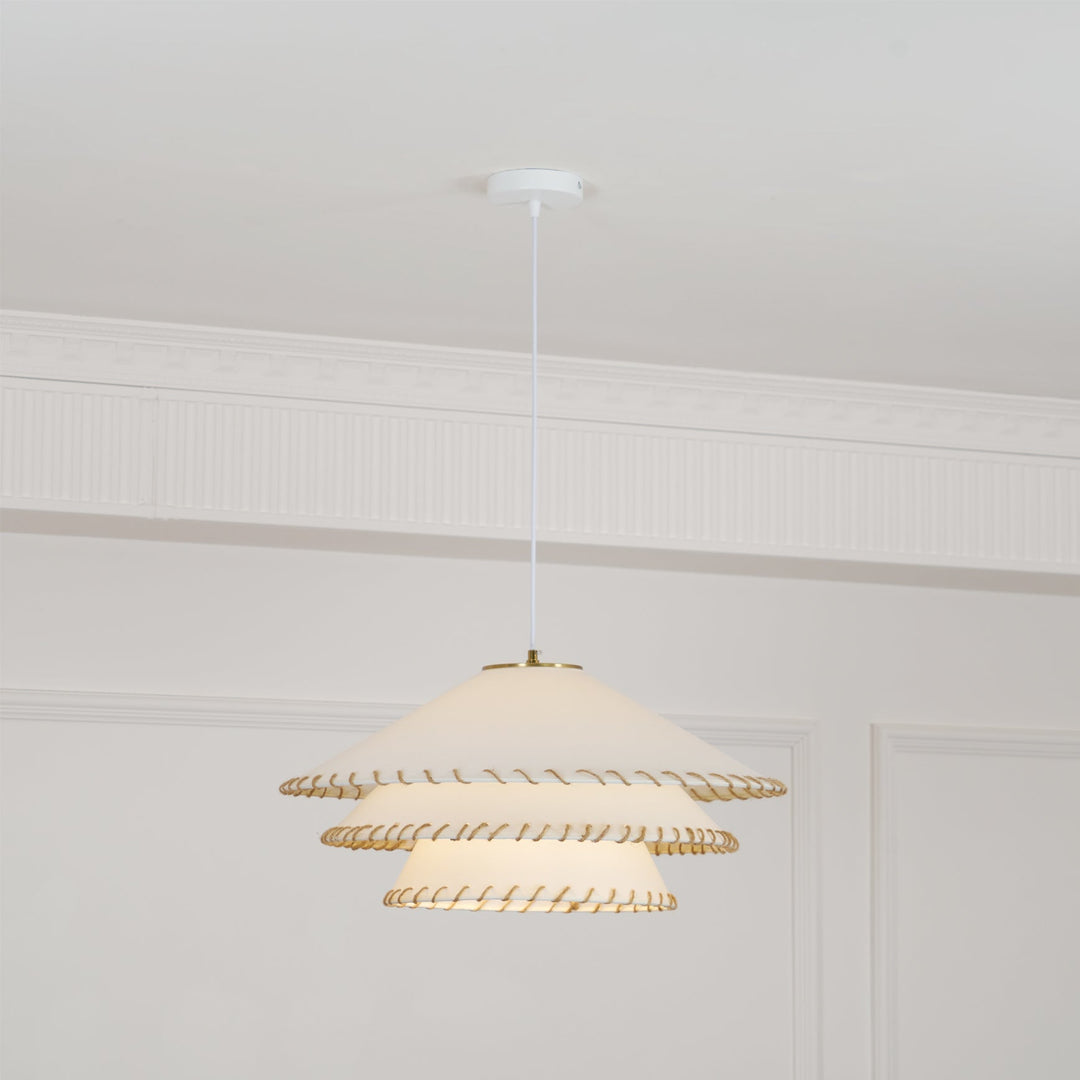 Ceiling lamp with tiered sculptural design, beige finish, modern bohemian ambient lighting.