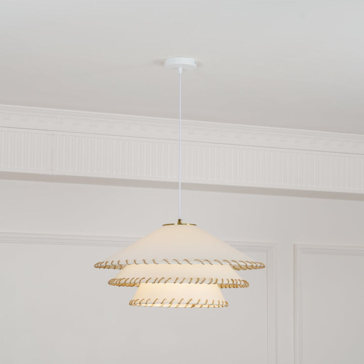 Ceiling lamp with tiered sculptural design, beige finish, modern bohemian ambient lighting.