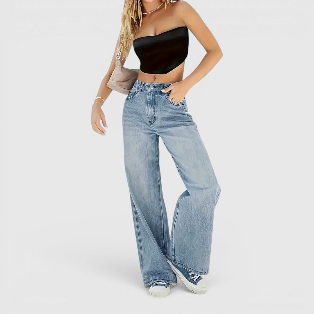 Comfortable women's baggy wide leg pants in sea blue, offering a loose fit for stylish streetwear looks.
