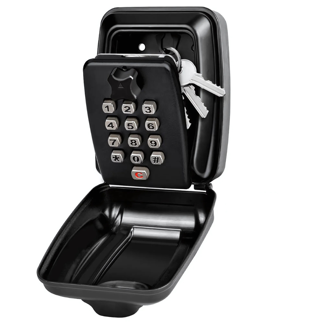 Secure outdoor wall mounted key lock box safe for home access. Durable metal, combination code.