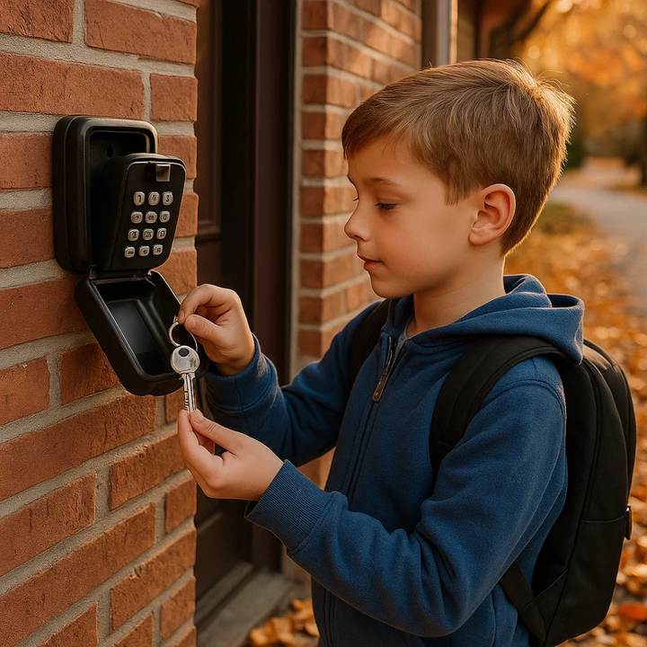 Wall mounted outdoor key storage solution. Durable metal lock box for enhanced home security.