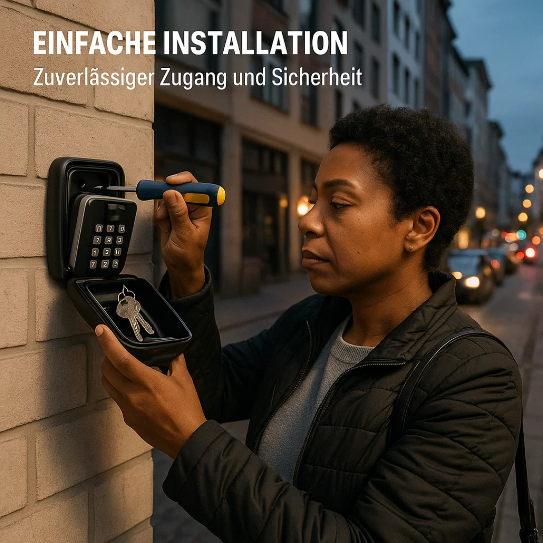 Secure combination key lock box, wall mounted for outdoor use, protecting spare keys from theft.