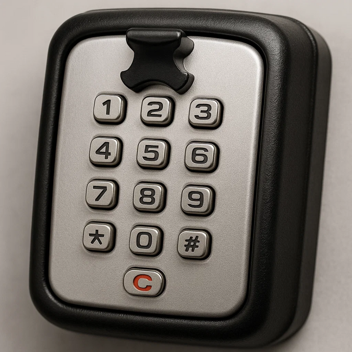 Discreet wall mounted key storage box for outdoor use, securing access with a code.