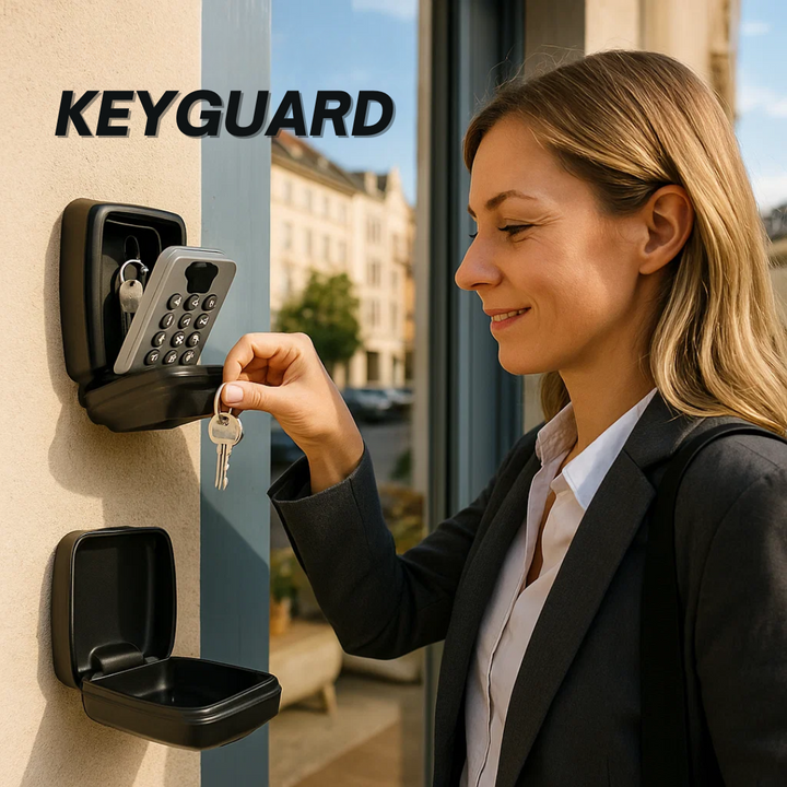 Weather-resistant outdoor key safe, wall mounted for secure spare key storage & property access.