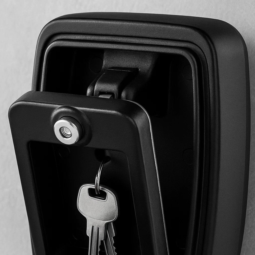 Outdoor key storage lock box with secure combination access, perfect for wall mounting.