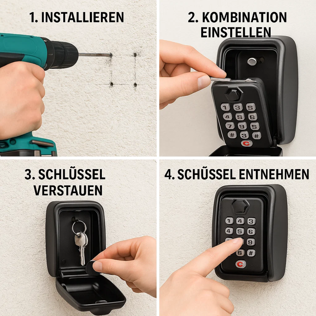 Compact outdoor key safe, wall mounted for discreet home security & reliable key access.