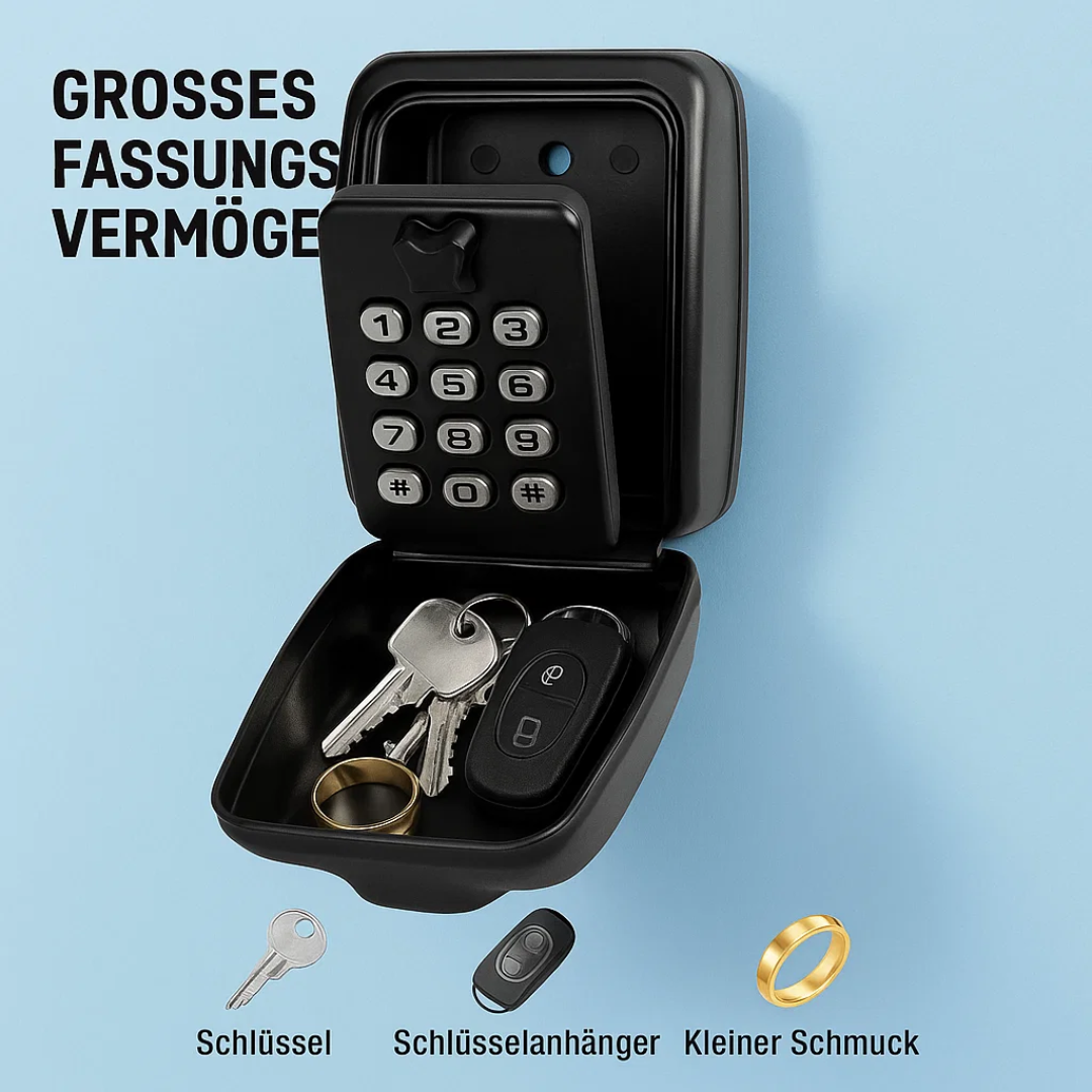Easy-to-install outdoor key lock box, wall mounted, offering secure combination key storage.
