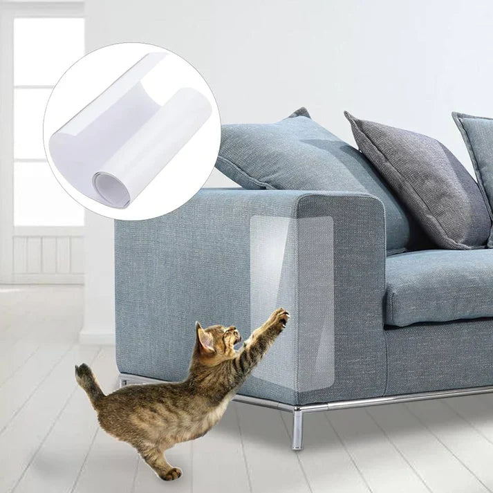Self-adhesive transparent cat furniture scratch protector shields guard against claw damage.