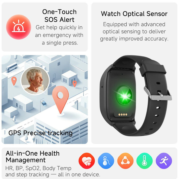 Senior smart watch for health monitoring: heart rate, steps. Waterproof fitness tracker for active elders.