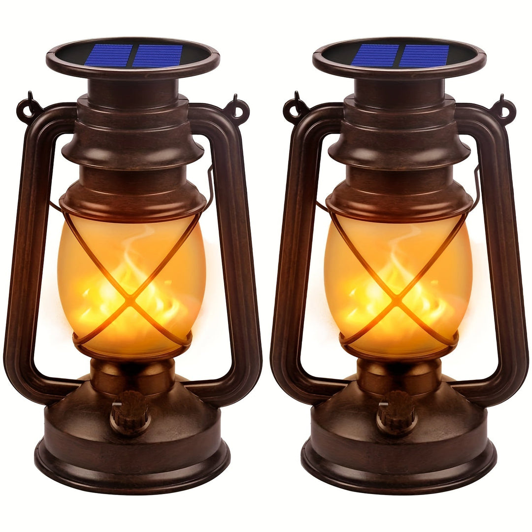 Set of 2 vintage solar lanterns with dancing flame LED lights, perfect for garden & patio decor.