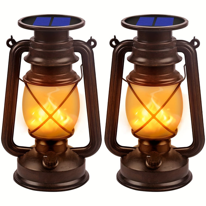 Set of 2 vintage solar lanterns with dancing flame LED lights, perfect for garden & patio decor.