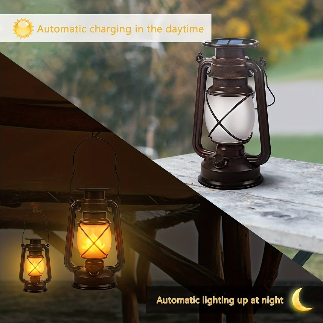 Elegant vintage solar lanterns, a set of 2 with realistic dancing flame effect LEDs, energy-efficient for outdoor living.
