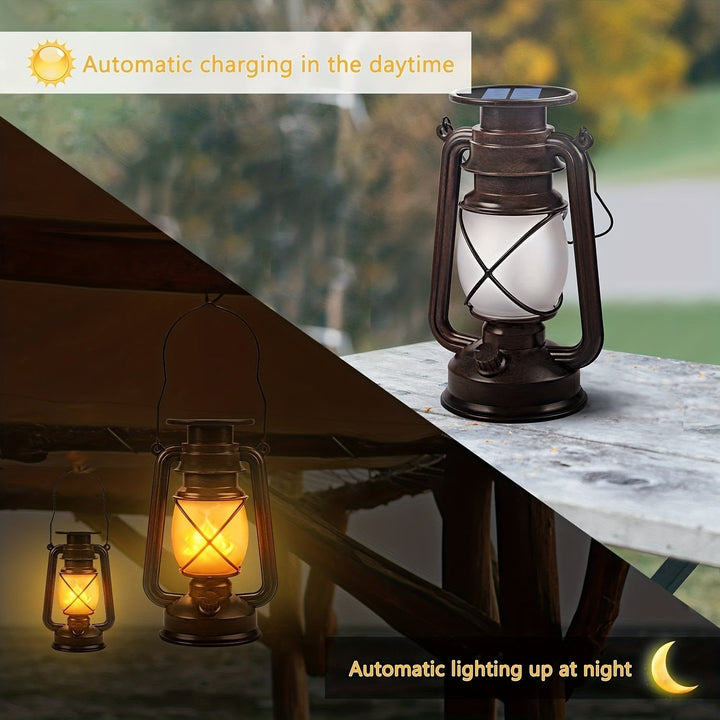 Elegant vintage solar lanterns, a set of 2 with realistic dancing flame effect LEDs, energy-efficient for outdoor living.