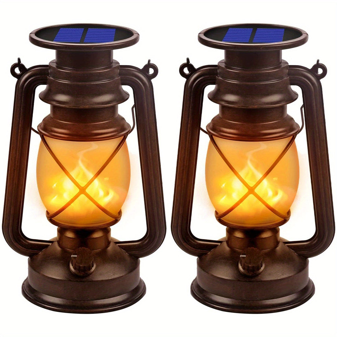 Pair of vintage solar-powered lanterns with realistic dancing flame LEDs, ideal outdoor lighting for gardens & patios.