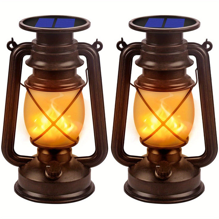 Pair of vintage solar-powered lanterns with realistic dancing flame LEDs, ideal outdoor lighting for gardens & patios.