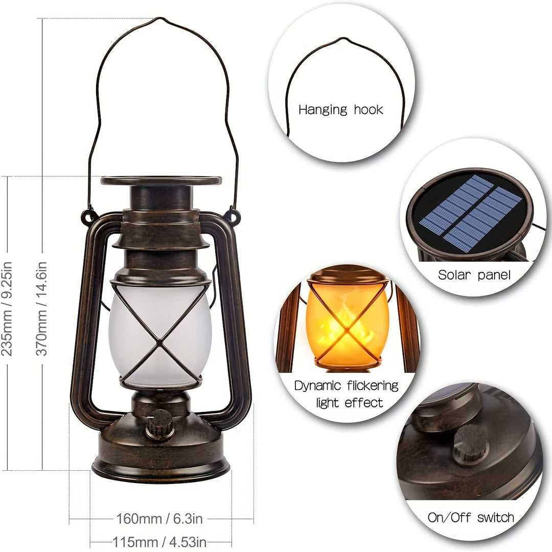Two vintage solar lanterns with dancing flame LED lights, perfect for outdoor garden & patio decor and ambiance.
