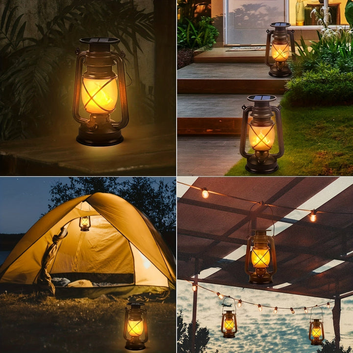 Energy-efficient set of 2 vintage solar lanterns with charming dancing flame LED lights, enhancing any garden or patio.