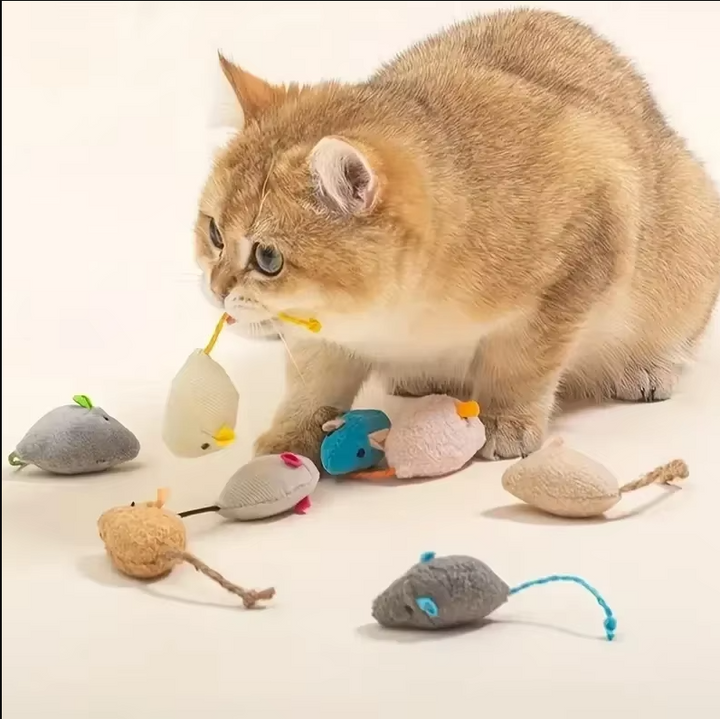 Set of plush mouse cat toys for interactive play, stimulating feline hunting instinct for indoor cats & kittens.