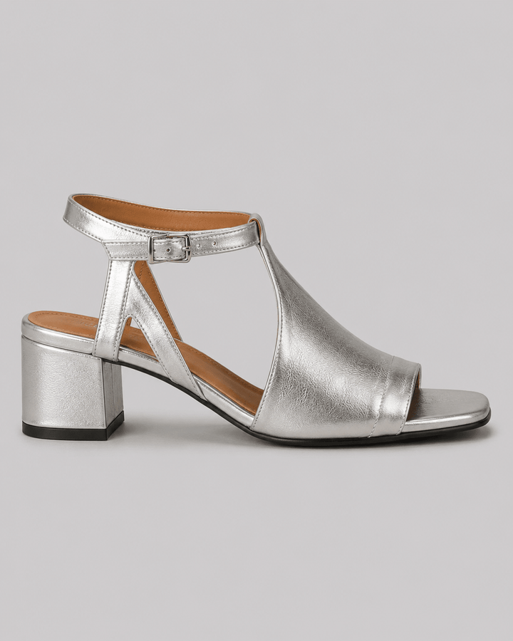 Shimmering silver block heel sandals for women, perfect for elegant parties & formal summer events.