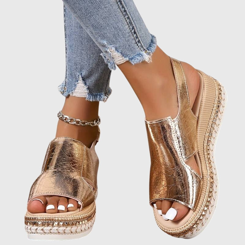Shiny orthopedic women's sandals for all-day comfort. Elegant, supportive footwear with slip-resistant sole, perfect for summer.