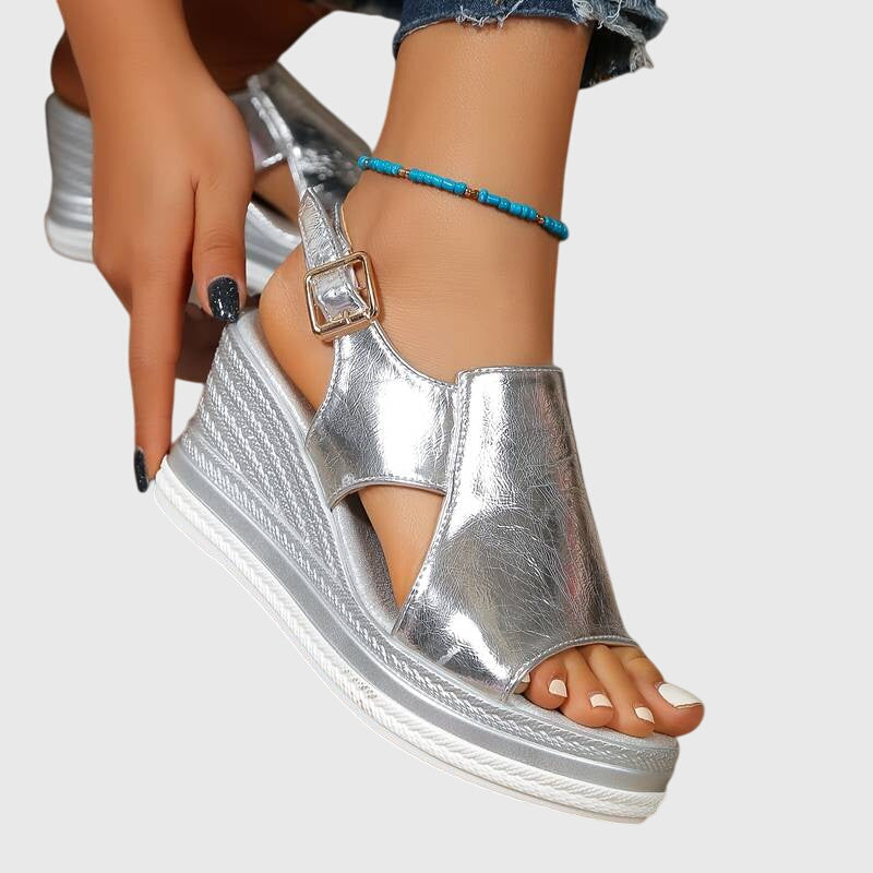 Elegant women's shiny orthopedic sandals provide all-day comfort & support. Slip-resistant, fashionable summer footwear.