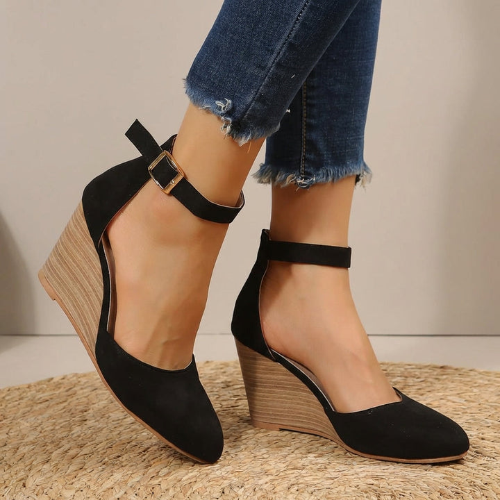 Siena pointed-toe ankle strap wedge heels for women, elegant and comfortable dressy shoes.
