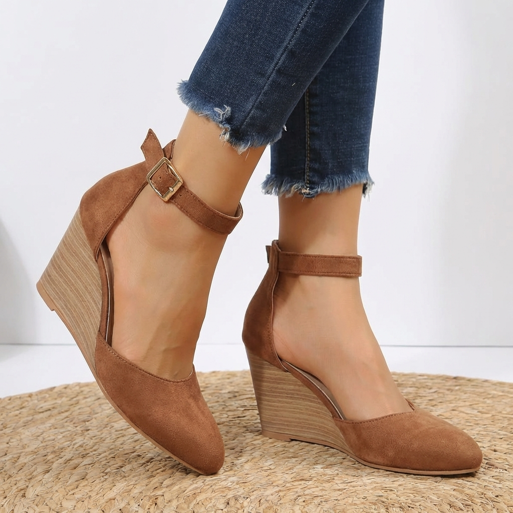 Close-up of Siena wedge heels showcasing the stylish pointed toe and secure ankle strap.