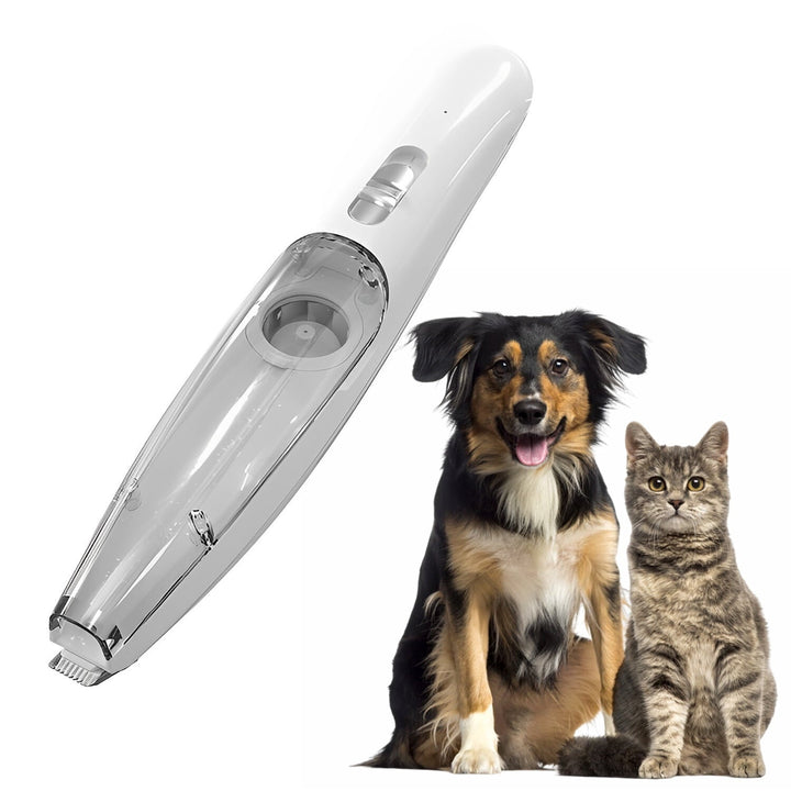 Close-up of silent vacuum pet fur trimmer, showing precision blades for safe dog grooming.