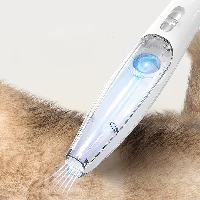 Pet owner using a silent vacuum trimmer on a happy dog, highlighting stress-free grooming experience.