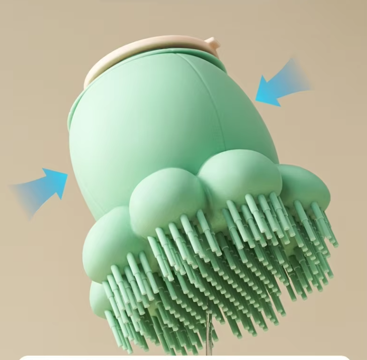 Shedding & massage pet brush with silicone bristles & foam dispenser for dogs & cats during bath time.